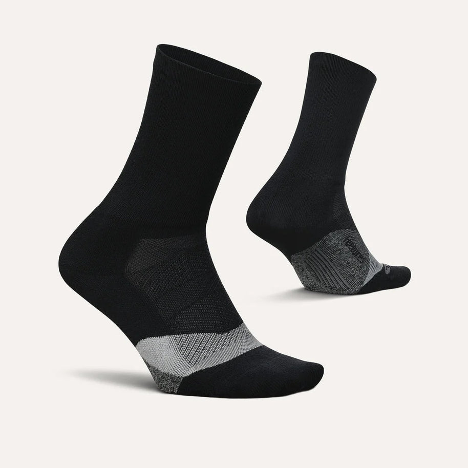 Elite Light Cushion Mini-Crew by Feetures in black with grey, anatomical fit and targeted compression for blister prevention and impact protection