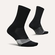 Elite Light Cushion Mini-Crew by Feetures in black with grey, anatomical fit and targeted compression for blister prevention and impact protection