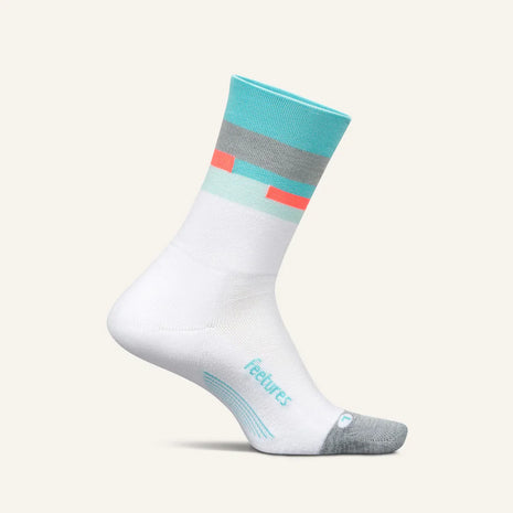 Elite Light Cushion Mini-Crew by Feetures in white, teal, grey with targeted compression and light cushioning for running comfort and blister prevention