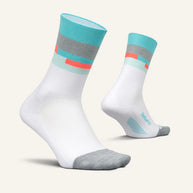 Elite Light Cushion Mini-Crew by Feetures in white, grey, and teal with targeted compression and light cushioning for running comfort and blister prevention