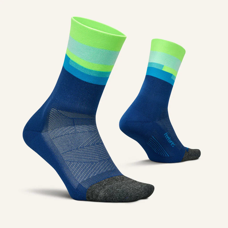 Elite Light Cushion Mini-Crew by Feetures in blue and green with anatomical design and targeted compression for running comfort and blister protection