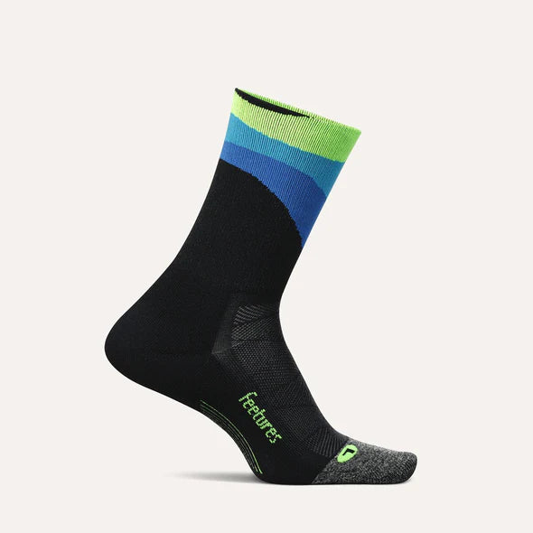 Elite Ultra Light Cushion Mini Crew by Feetures in black, blue, and green, lightweight with targeted compression for running comfort and support
