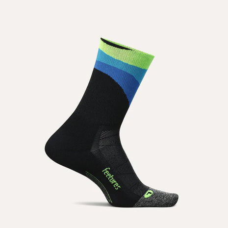 Elite Ultra Light Cushion Mini Crew by Feetures in black, blue, and green, lightweight with targeted compression for running comfort and support