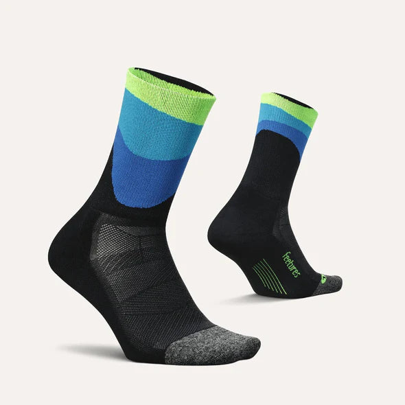 Elite Ultra Light Cushion Mini Crew by Feetures in black with blue and green stripes, ultra light cushioning and targeted compression for running comfort