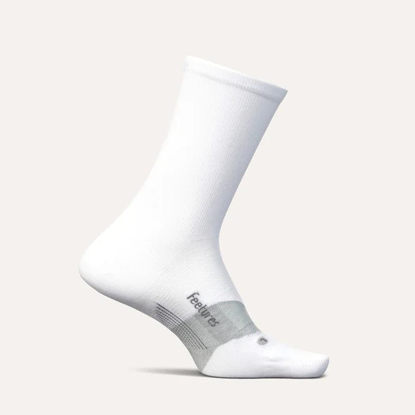 Elite Ultra Light Cushion Mini Crew by Feetures in white with targeted compression and ultra light cushioning for running comfort and support