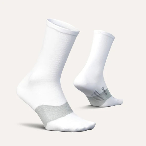Elite Ultra Light Cushion Mini Crew by Feetures in white with grey accents, ultra light cushioning and targeted compression for running comfort