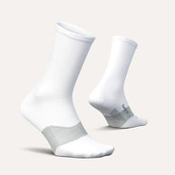 Elite Ultra Light Cushion Mini Crew by Feetures in white with grey accents, ultra light cushioning and targeted compression for running comfort