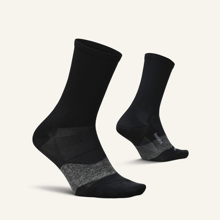 Elite Ultra Light Cushion Mini Crew by Feetures in black with grey, featuring targeted compression and ultralight cushioning for running comfort.