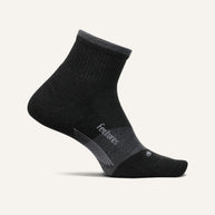 Feetures Trail Max Cushion Quarter Socks in Charcoal, charcoal sock with grey heel and logo