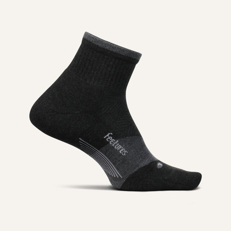Feetures Trail Max Cushion Quarter Socks in Charcoal, charcoal sock with grey heel and logo