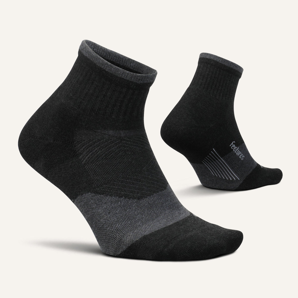 Pair of Feetures Trail Max Cushion Quarter Socks in Charcoal, side and back views