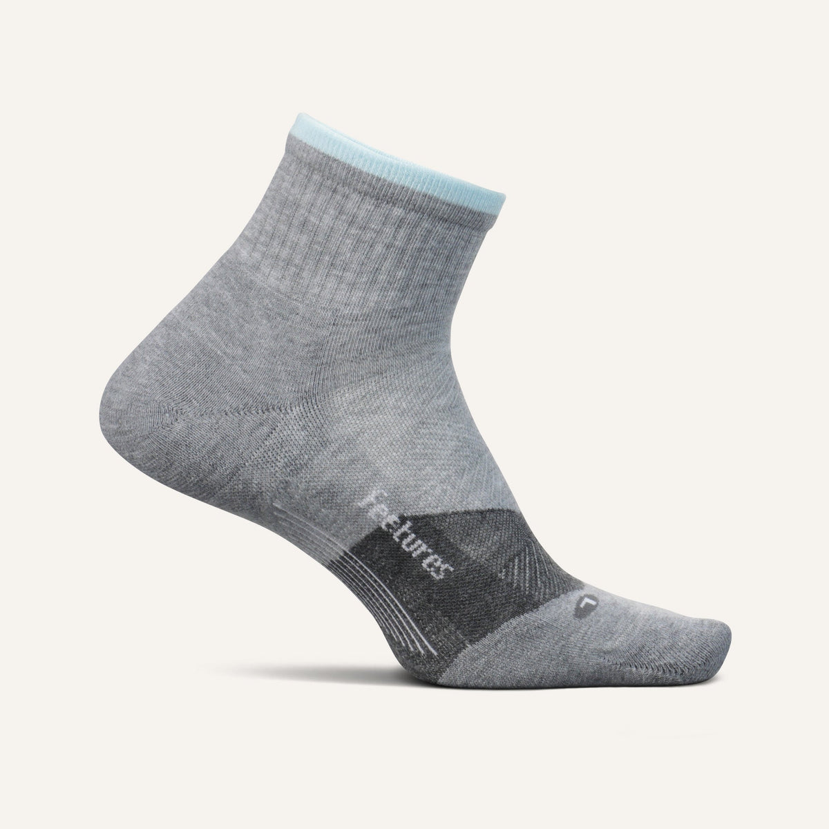 Feetures Trail Max Cushion Quarter Socks in Light Grey, light grey sock with pale blue cuff