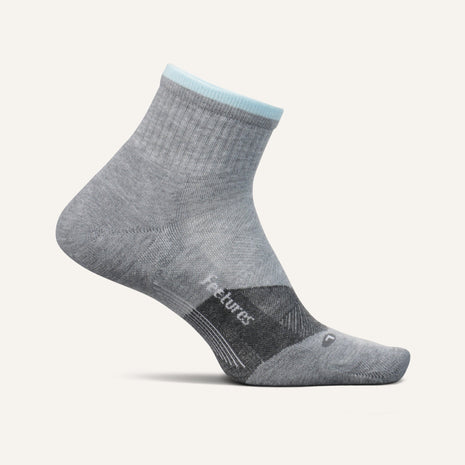Feetures Trail Max Cushion Quarter Socks in Light Grey, light grey sock with pale blue cuff
