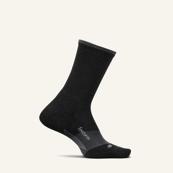 Trail Max Cushion Mini-Crew by Feetures in black and grey, anatomical design with targeted compression for trail running and hiking comfort