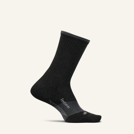 Trail Max Cushion Mini-Crew by Feetures in black and grey, anatomical design with targeted compression for trail running and hiking comfort