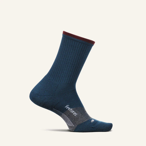 Trail Max Cushion Mini-Crew by Feetures in navy and maroon, cushioned, anatomically designed socks for hiking and trail running comfort