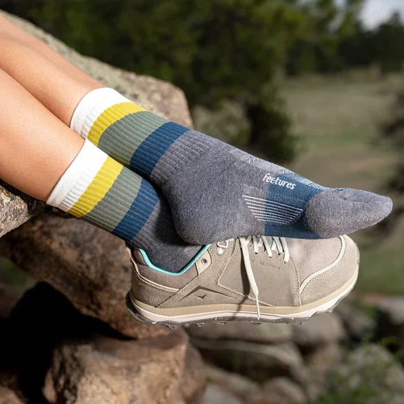 Trail Max Cushion Mini-Crew by Feetures in grey, blue, yellow socks with anatomical design and targeted compression for hiking and trail running