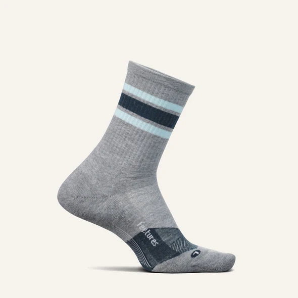 Trail Max Cushion Mini-Crew by Feetures in grey with light blue stripes, anatomical design and targeted compression for hiking and trail running