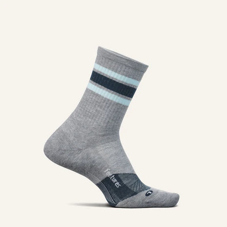 Trail Max Cushion Mini-Crew by Feetures in grey with light blue stripes, anatomical design and targeted compression for hiking and trail running