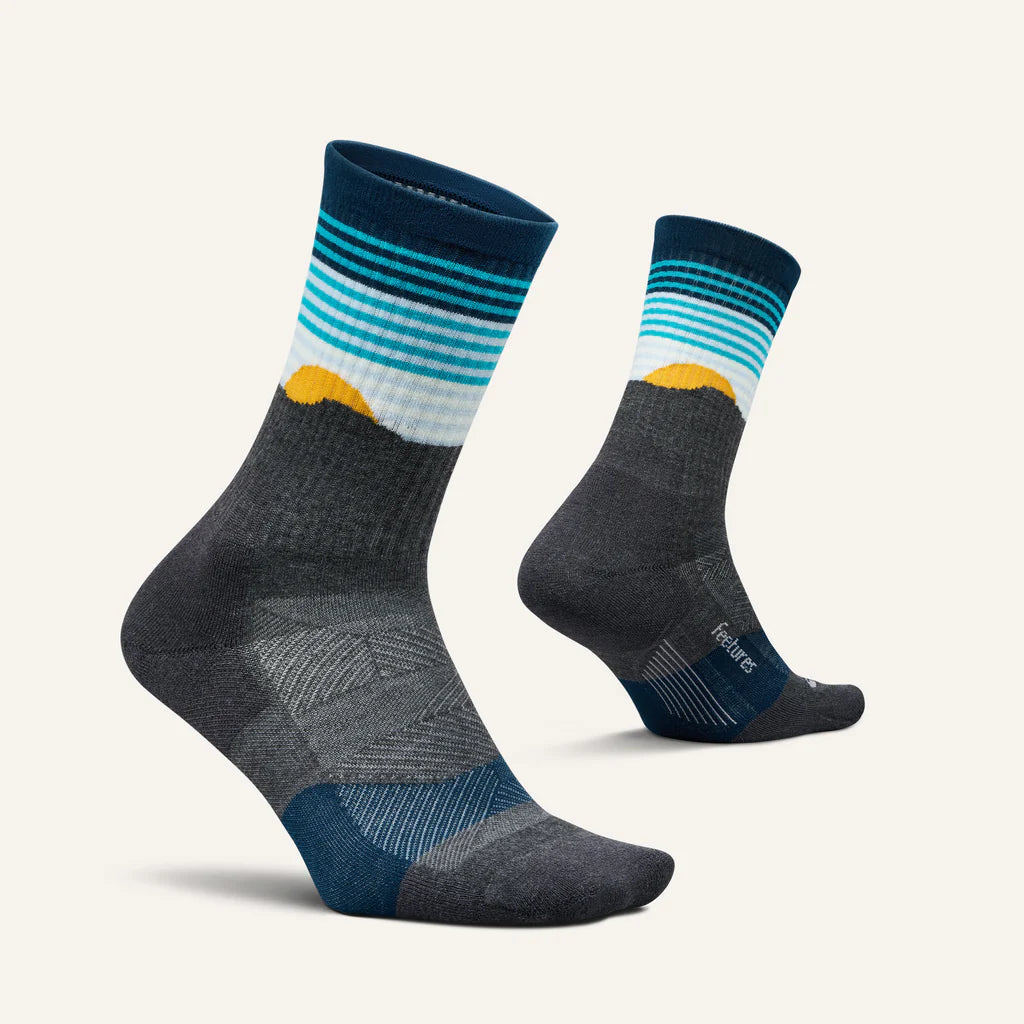 Trail Max Cushion Mini-Crew by Feetures in grey and blue with anatomical design and targeted compression for hiking and trail running comfort