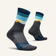 Trail Max Cushion Mini-Crew by Feetures in grey and blue with anatomical design and targeted compression for hiking and trail running comfort