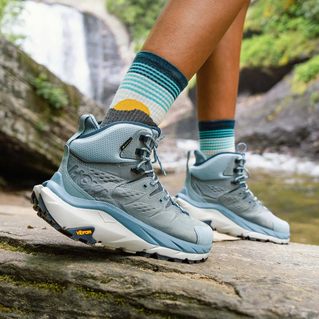 Trail Max Cushion Mini-Crew by Feetures in blue and teal with anatomical design and targeted compression for trail running and hiking comfort