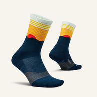 Trail Max Cushion Mini-Crew by Feetures in navy, yellow, and white with anatomical design and targeted compression for hiking and trail running