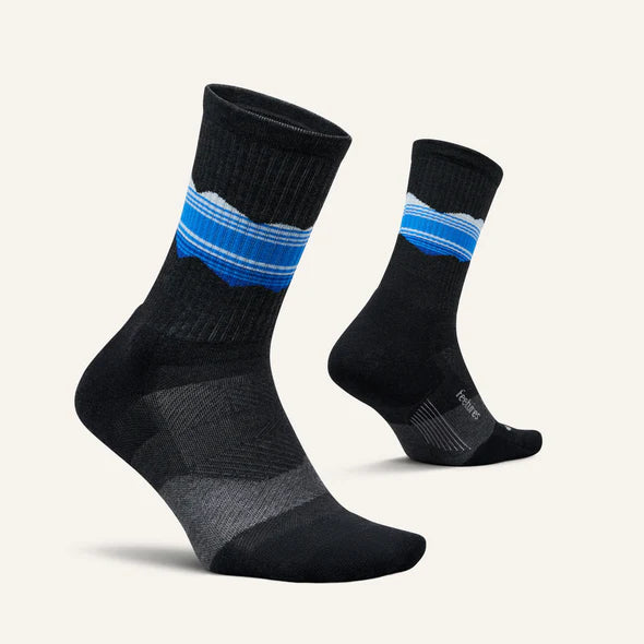 Trail Max Cushion Mini-Crew by Feetures in black with blue stripe, anatomical design, targeted compression for hiking and trail running