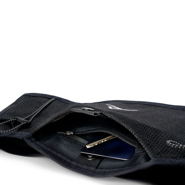 LF 2L Running Belt by Raide Research in black with suspension system, stabilizing back pocket, designed for bounceless long-distance running