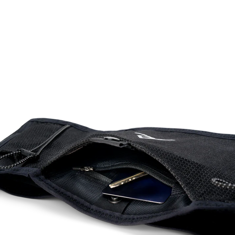 LF 2L Running Belt by Raide Research in black with suspension system, stabilizing back pocket, designed for bounceless long-distance running