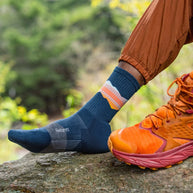 Trail Max Cushion Mini-Crew by Feetures in navy with orange and white, cushioned socks with anatomical design for trail running and hiking