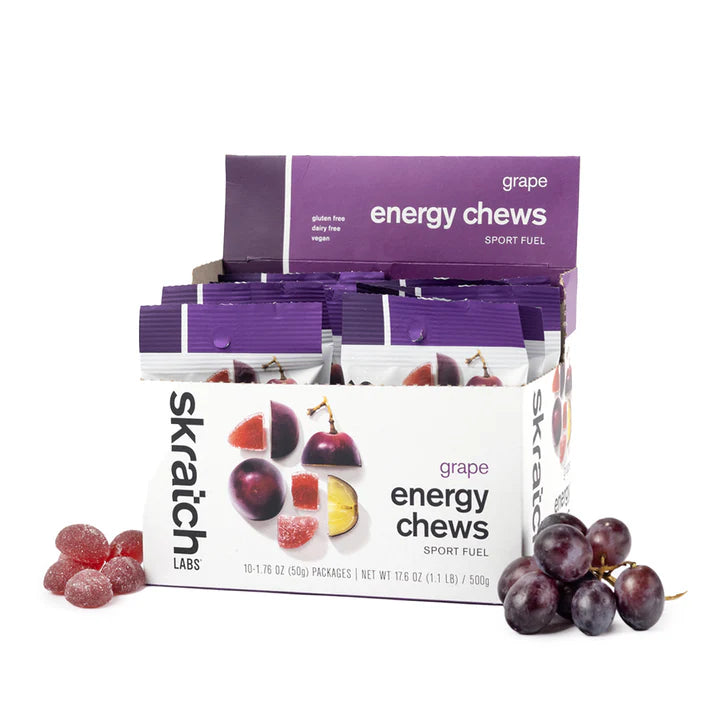 Energy Chews Sport Fuel by Skratch Labs in grape, gluten and dairy free nutrition for endurance running and sport fuel boost
