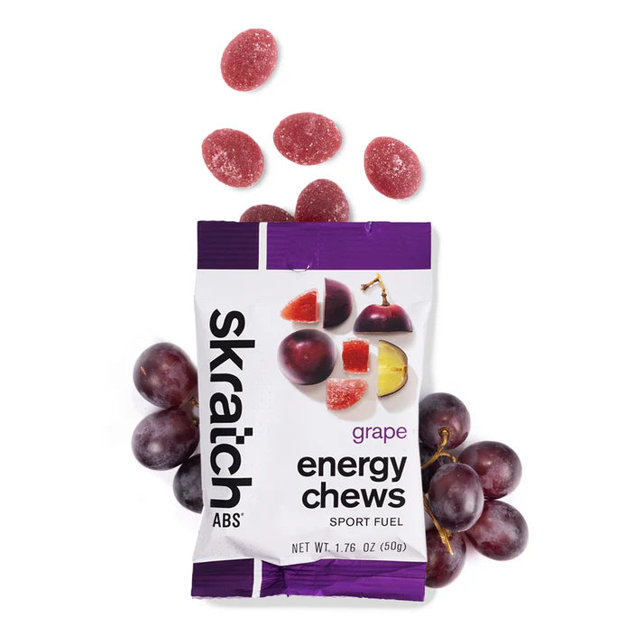Energy Chews Sport Fuel grape by Skratch Labs in purple and white pack, natural nutrition chews designed for endurance training and racing energy boost