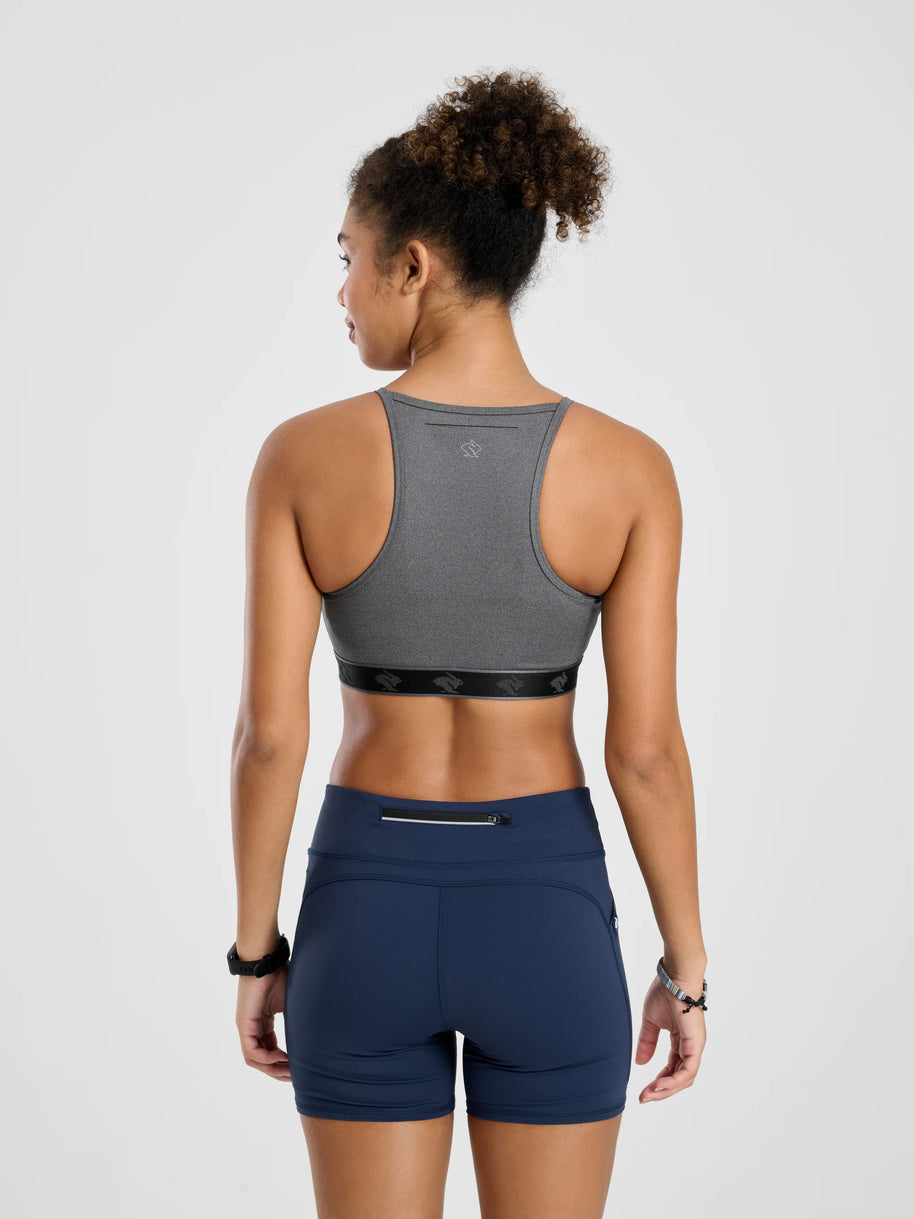 Strappy Pocket Bra - Women by Rabbit in dark grey with built-in pocket, minimal bounce, sleek design for comfort and secure essentials storage
