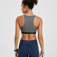 Strappy Pocket Bra - Women by Rabbit in dark grey with built-in pocket, minimal bounce, sleek design for comfort and secure essentials storage