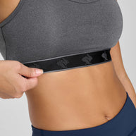 Strappy Pocket Bra - Women by Rabbit in dark grey with black band, built-in pocket, minimal bounce, comfortable for active wear