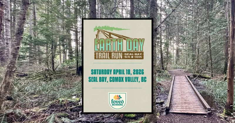 Earth Day Trail Run poster in green and brown with event details, set against forest background featuring a wooden footbridge on a trail