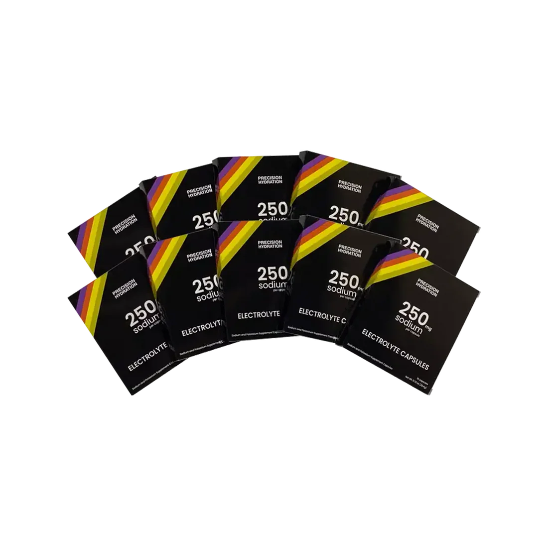 PH Electrolyte Capsules by Precision Fuel & Hydration in black with rainbow stripes, convenient sodium electrolyte for runners and athletes