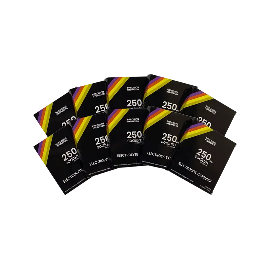 PH Electrolyte Capsules by Precision Fuel & Hydration in black with rainbow stripes, convenient sodium electrolyte for runners and athletes