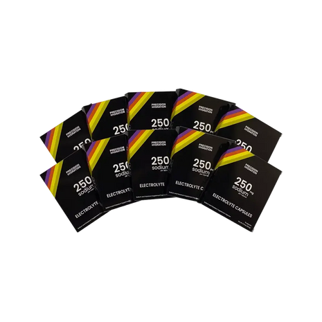 PH Electrolyte Capsules by Precision Fuel & Hydration in black with rainbow stripes, convenient sodium electrolyte for runners and athletes