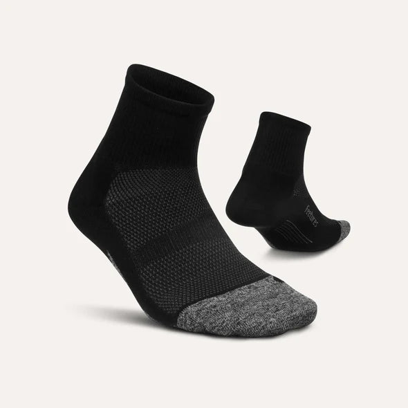 Elite Ultra Light Cushion Quarter - 2023 by Feetures in black and grey, anatomical fit with targeted compression, ultra light cushioning for running comfort