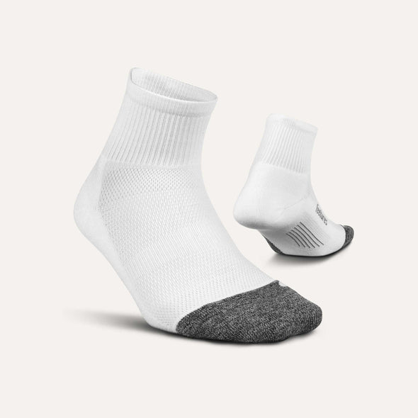 Elite Ultra Light Cushion Quarter - 2023 by Feetures in white with grey toe, anatomical fit, targeted compression, ultra-light cushioning for running.