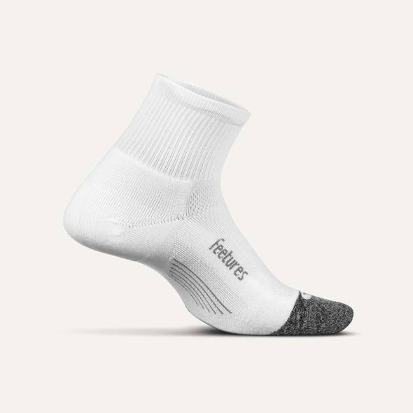 Elite Light Cushion Quarter by Feetures in white and grey lightweight sock with anatomical design and targeted compression for running and active use