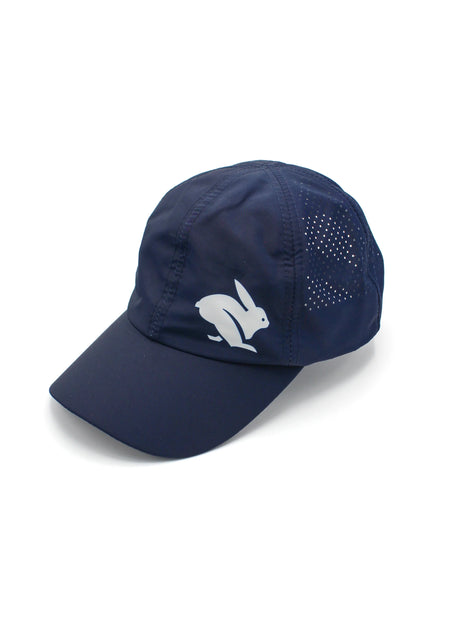 Elite Hat by Rabbit in navy with baseball cap bill, lightweight wicking fabric, laser-cut vents for ventilation, ideal for sun protection and outdoor activities
