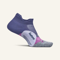Elite Light Cushion No Show Tab by Feetures in purple, pink and grey, lightweight anatomical running sock with targeted compression for support and comfort