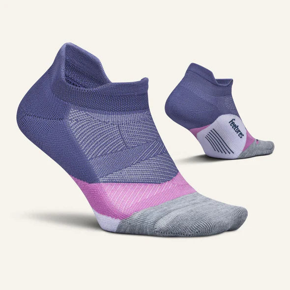 Elite Light Cushion No Show Tab by Feetures in purple, pink, and grey with anatomical design and targeted compression for running and movement