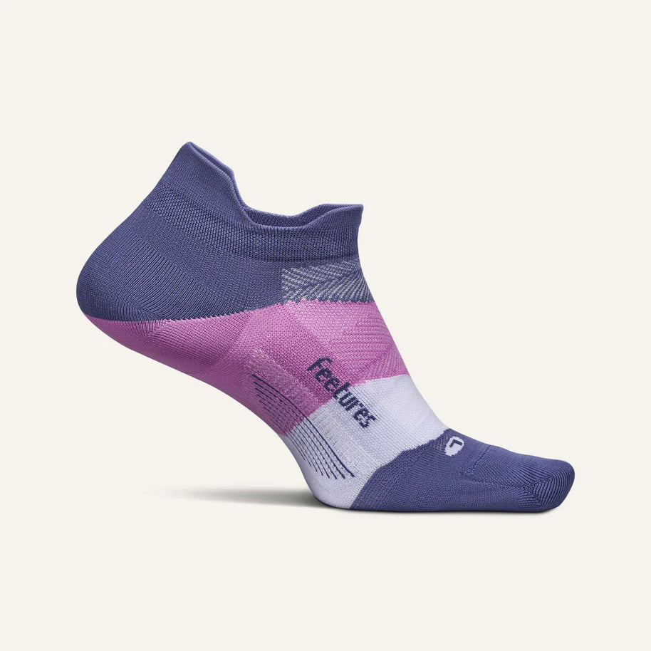 Elite Ultra Light Cushion No Show Tab by Feetures in purple and pink with anatomical fit and targeted compression for blister prevention and running comfort