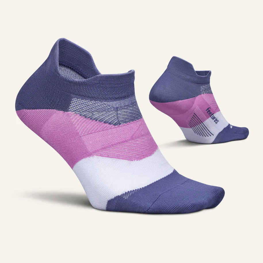 Elite Ultra Light Cushion No Show Tab by Feetures in purple, pink, and white with anatomical fit, targeted compression, and ultra light cushioning for running