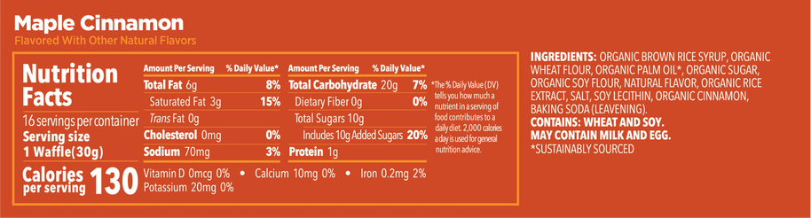 Nutrition facts and ingredients panel for GU Energy Stroopwafel Maple Cinnamon on an orange label