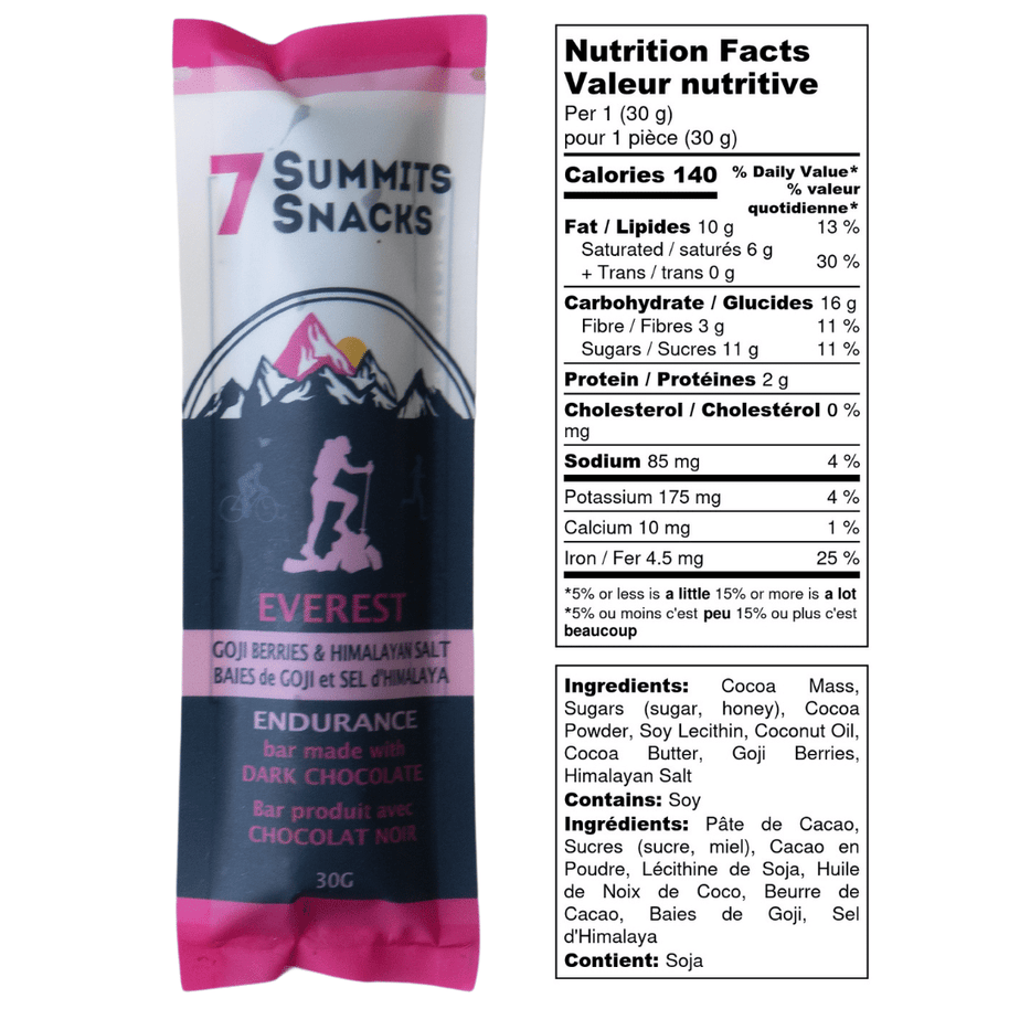 Everest Dark Chocolate Endurance Bar (30g) by 7 Summit Snacks in dark brown and pink, with 64% Peruvian dark chocolate, honey, electrolytes for endurance fuel